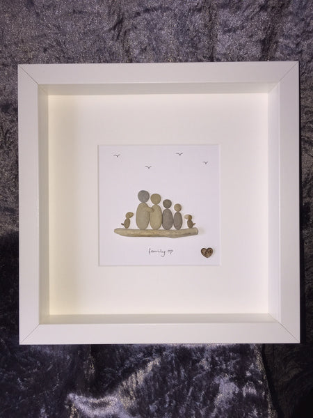 Family of 4 Pebble Picture with 2 dogs